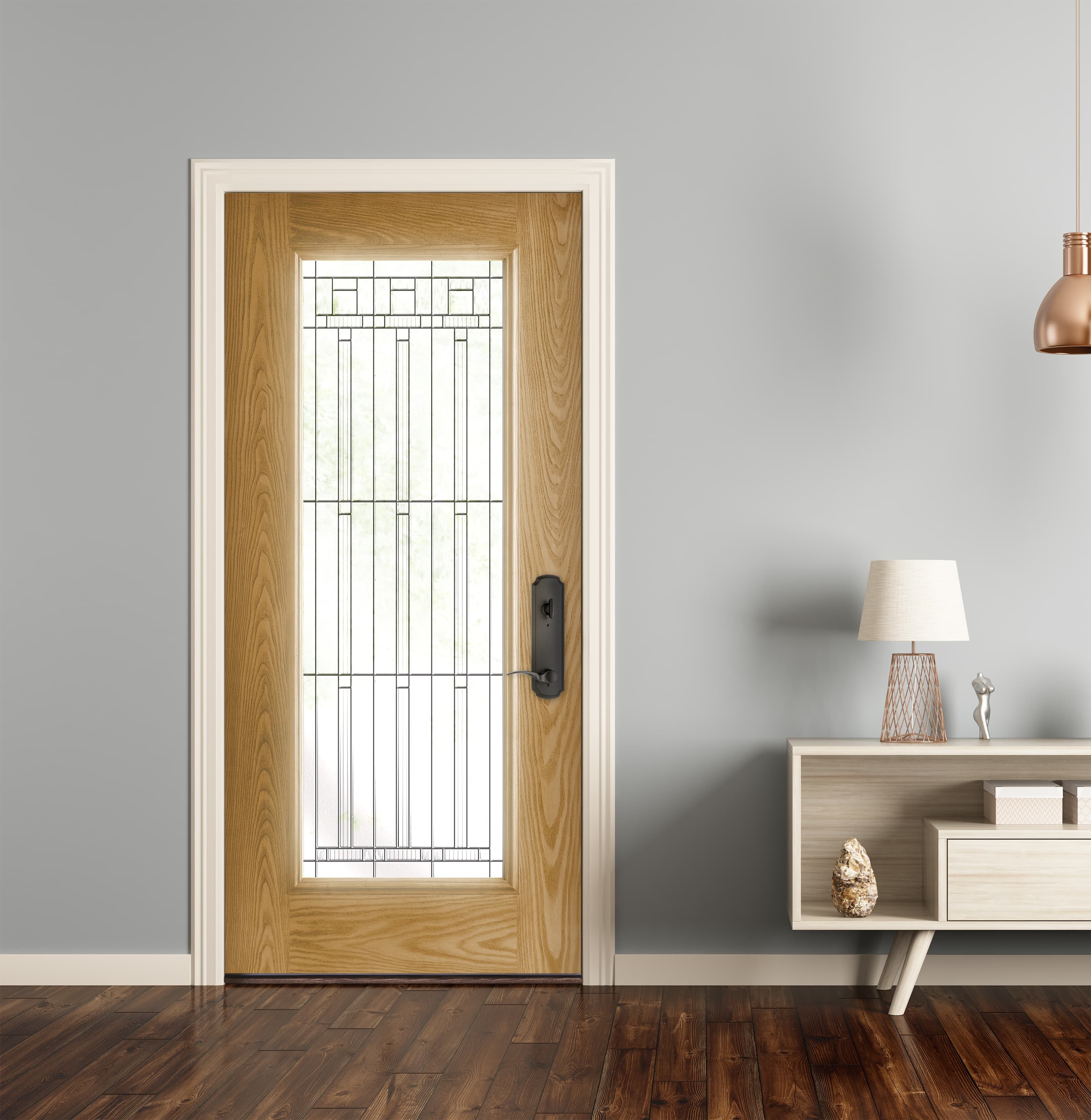 Contemporary Glass Front Door Emphasizes Modern Décor Wheat stain fiberglass door with contemporary glass and black hardware