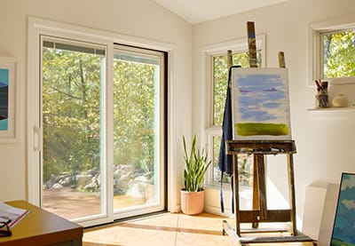 inside view of a window-lined library