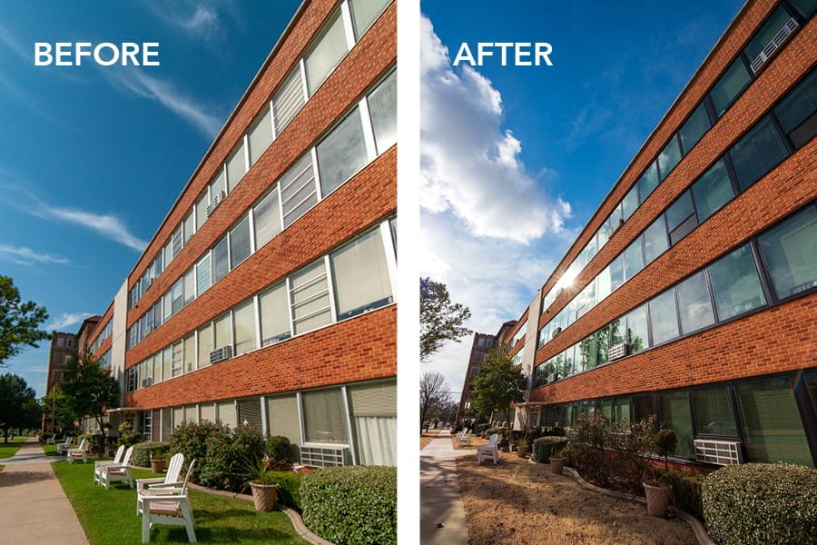 Before and after image of a brick building with now black windows
