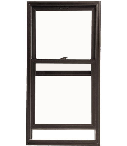 Dark bronze double-hung window frame with two sashes and central latch, isolated on white background