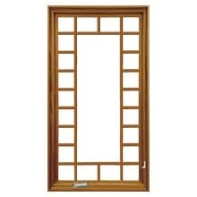 Victorian Tall, narrow brown wood-framed window with decorative grid muntins around a central glass pane and bottom latch.