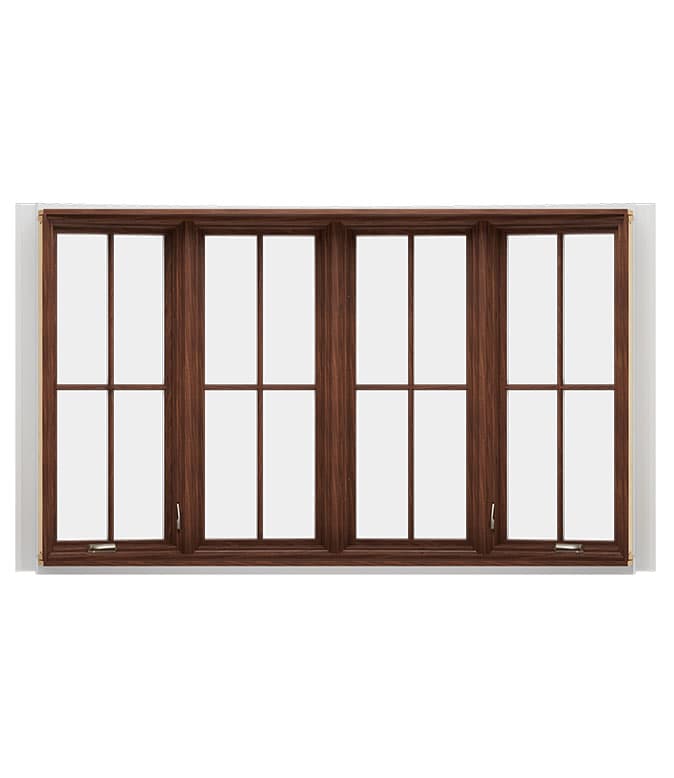 A brown wooden bay window with four panes, showcasing a classic design.
