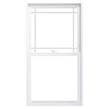 Prairie White vinyl sliding window with two sashes and narrow upper grille, isolated on white background