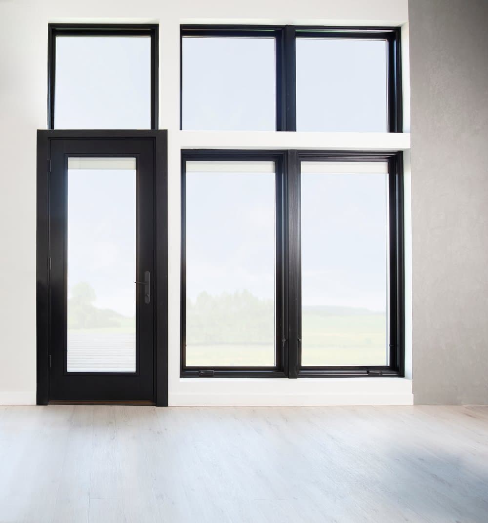 Black Windows & Patio Door Make Bold Design Statement black windows surround black hinged patio door taking entire wall in modern living room