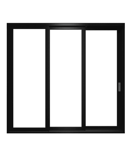 Black three-panel sliding glass patio door with dark-tinted glass, slim aluminum frame, and right-side handle.