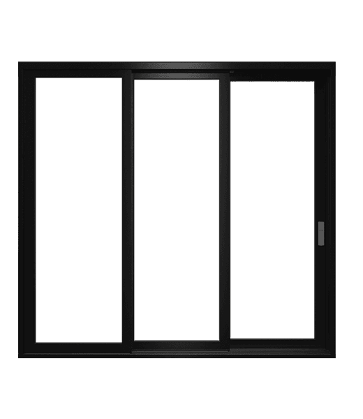 Black three-panel sliding glass patio door with dark-tinted glass, slim aluminum frame, and right-side handle.