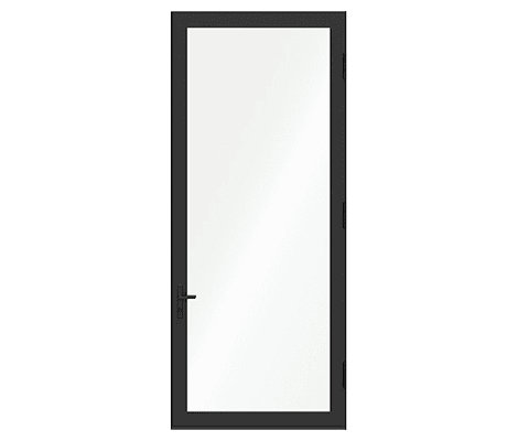 A tall black hinged door with a black handle and all the background is removed.