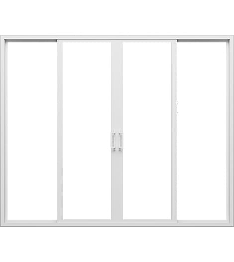 a white vinyl french sliding patio door consisting of four panels.