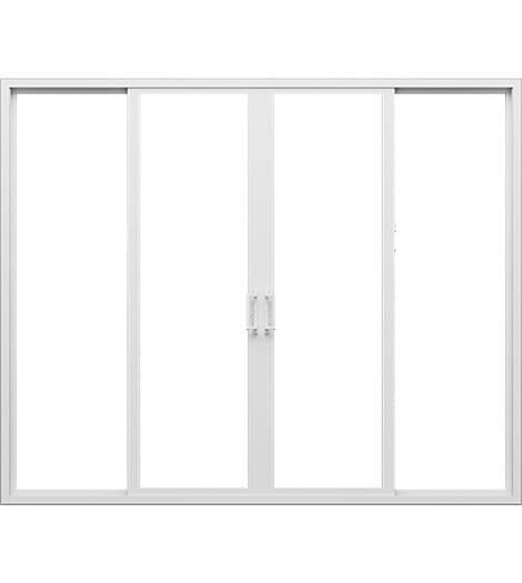 a white vinyl french sliding patio door consisting of four panels.