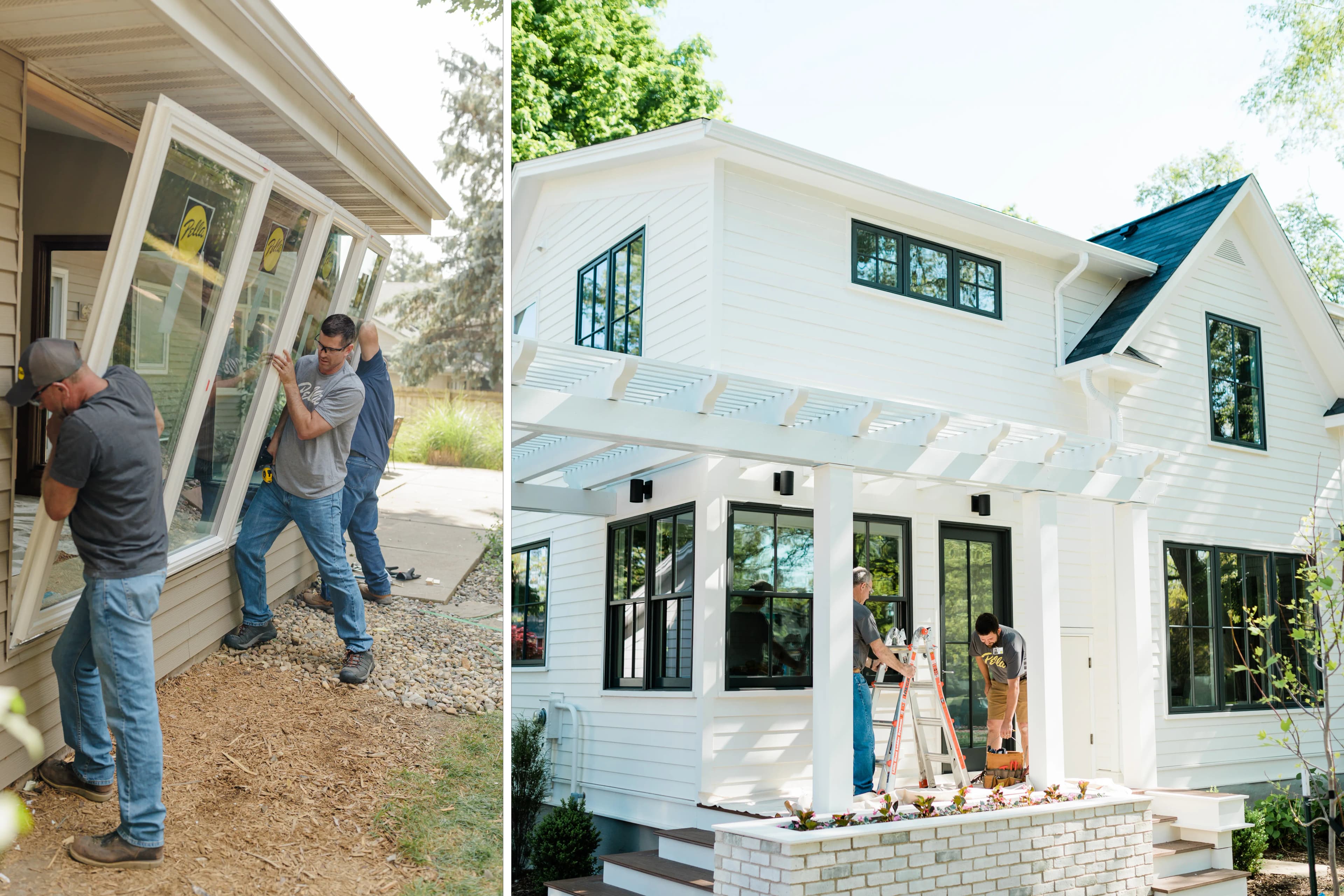 Window installation: crew installing a large window (left); finished white house with black-trim windows and workers on porch (right).