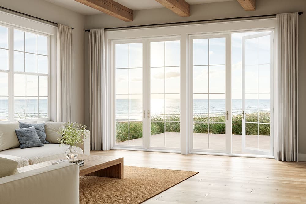 Two sets of white french doors divide a modern living room interior from an outdoor patio that looks out to the ocean.