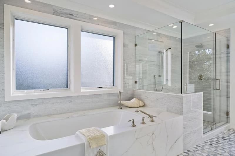Obscure Glass Windows Let In Light Yet Maintain Privacy Hillsborough bathroom with obscure privacy glass windows.