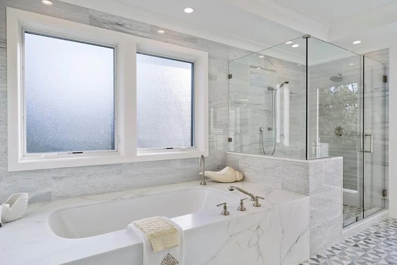 Obscure Glass Windows Let In Light Yet Maintain Privacy Hillsborough bathroom with obscure privacy glass windows.