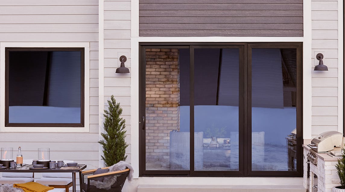 four-panel sliding patio door as viewed from the exterior deck