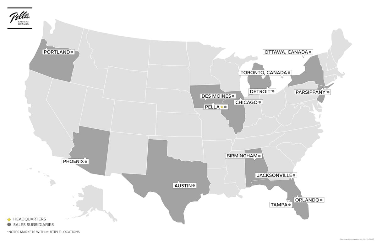 Pella Family of Brands location map showing headquarters in Pella, Iowa and sales offices across the U.S. in Portland, Phoenix, Austin, Des Moines, Chicago, Detroit, Toronto, Ottawa, Parsippany, Birmingham, Jacksonville, Tampa and Orlando.