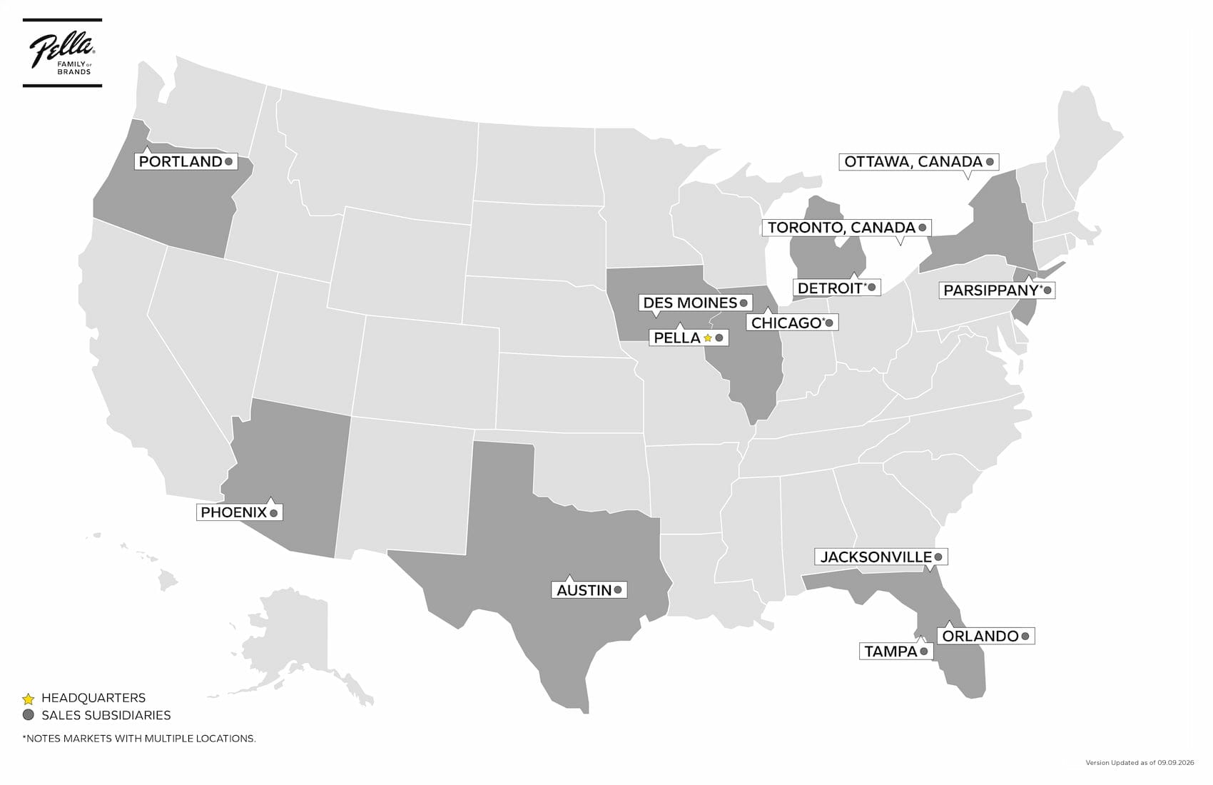 Pella Family of Brands location map showing headquarters in Pella, Iowa and sales offices across the U.S. in Portland, Phoenix, Austin, Des Moines, Chicago, Detroit, Toronto, Ottawa, Parsippany, Birmingham, Jacksonville, Tampa and Orlando.