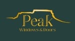 Peak Windows & Doors gold logo with stylized roofline silhouette on dark green background