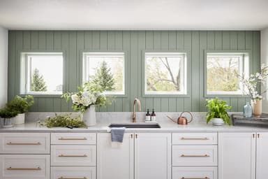 A modern kitchen with a green wall, white cabinets, and multiple picture windows showcasing greenery outside.
