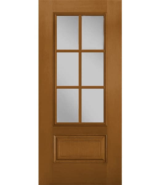 Oak-finish interior door with six frosted glass panes (six-lite) and a single raised lower panel