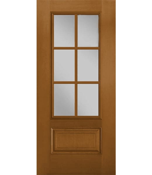 Oak-finish interior door with six frosted glass panes (six-lite) and a single raised lower panel