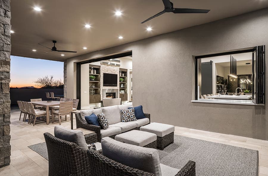 Sunset in background of luxury outdoor space with pass through window