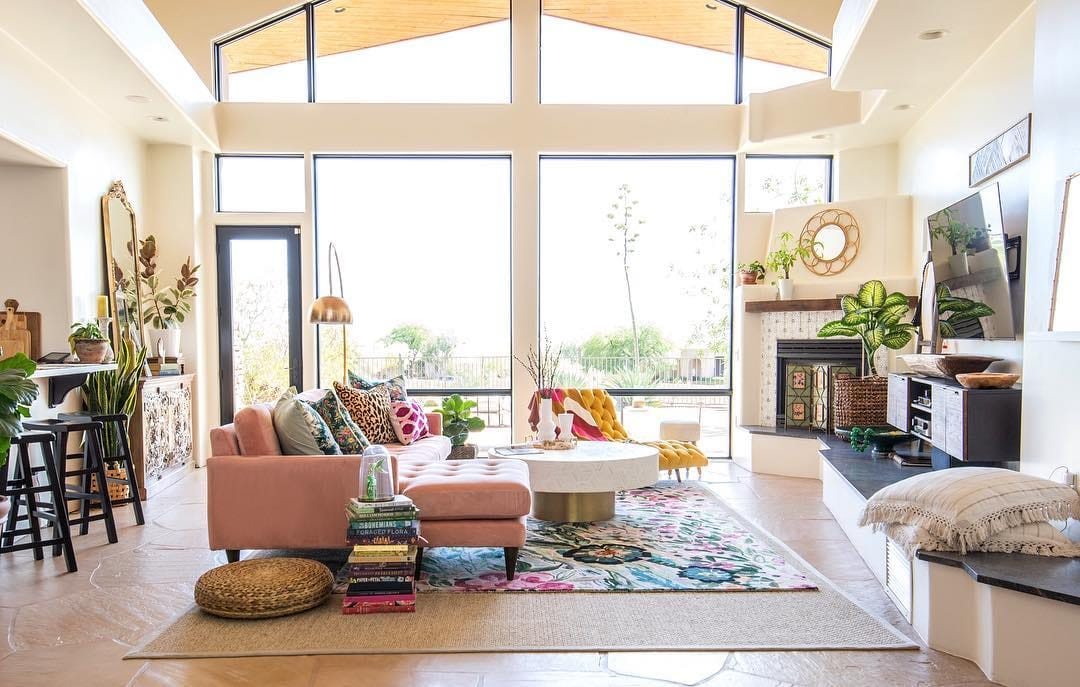 Creative Picture Window Wall Radiates Personality Large, special shape windows and a hinged patio door come together for a wall of glass in eclectic living room