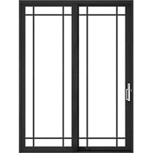 9-Lite Prairie Black-framed modern sliding glass door, two-panel design with rectangular grid mullions and right-side handle