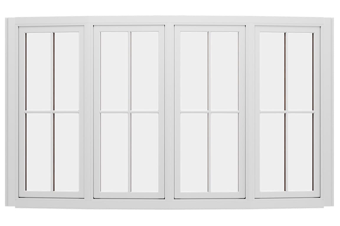 A set of white bow windows featuring multiple panes, showcasing a modern design.