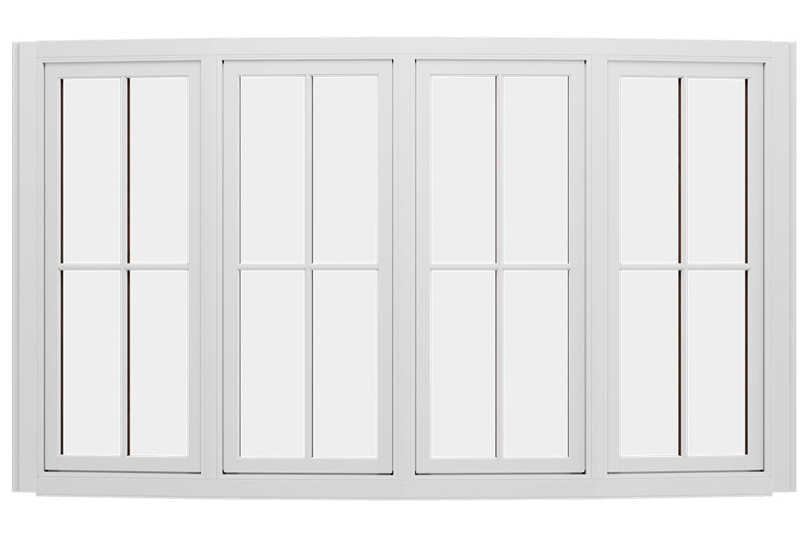 A set of white bow windows featuring multiple panes, showcasing a modern design.