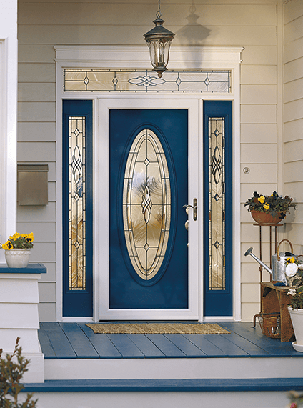 a storm door installed in front of a blue front entry door