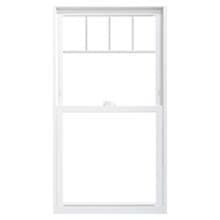 Top Row White vinyl single-hung window with three-light divided top sash and plain lower sash