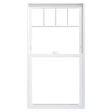 Top Row White vinyl single-hung window with three-light divided top sash and plain lower sash