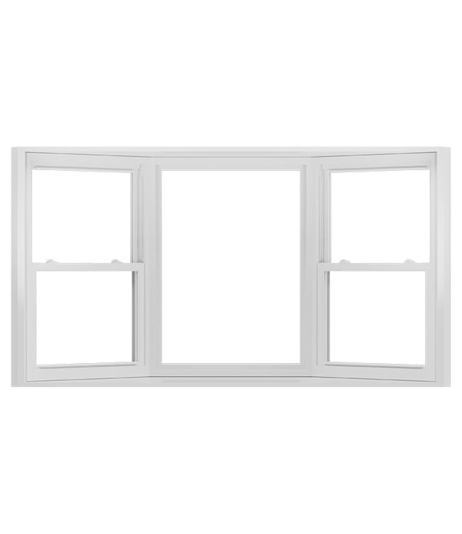 A white bay window featuring a triple-pane design with two side-opening windows.