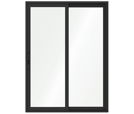 An aluminum black sliding patio door with no background