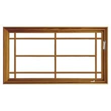 12-Lite Prairie Brown wooden sliding window frame with muntin grid and metal handle, natural wood finish