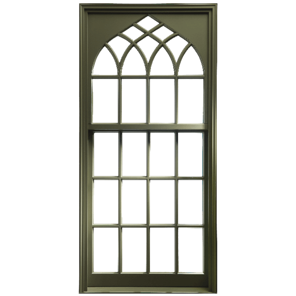 green single-hung custom window with arched gothic glass