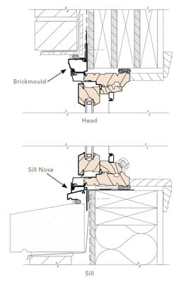 illustration of brickmould and sill nose for factory applied aluminum trim