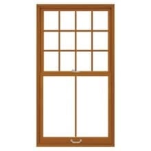 Traditional Brown double-hung wooden window with divided-light upper sash (12 panes) and plain lower sash.