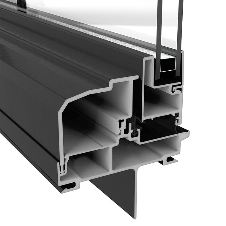 A detailed cross-section of an aluminum frame for bow windows, showcasing its structural components.