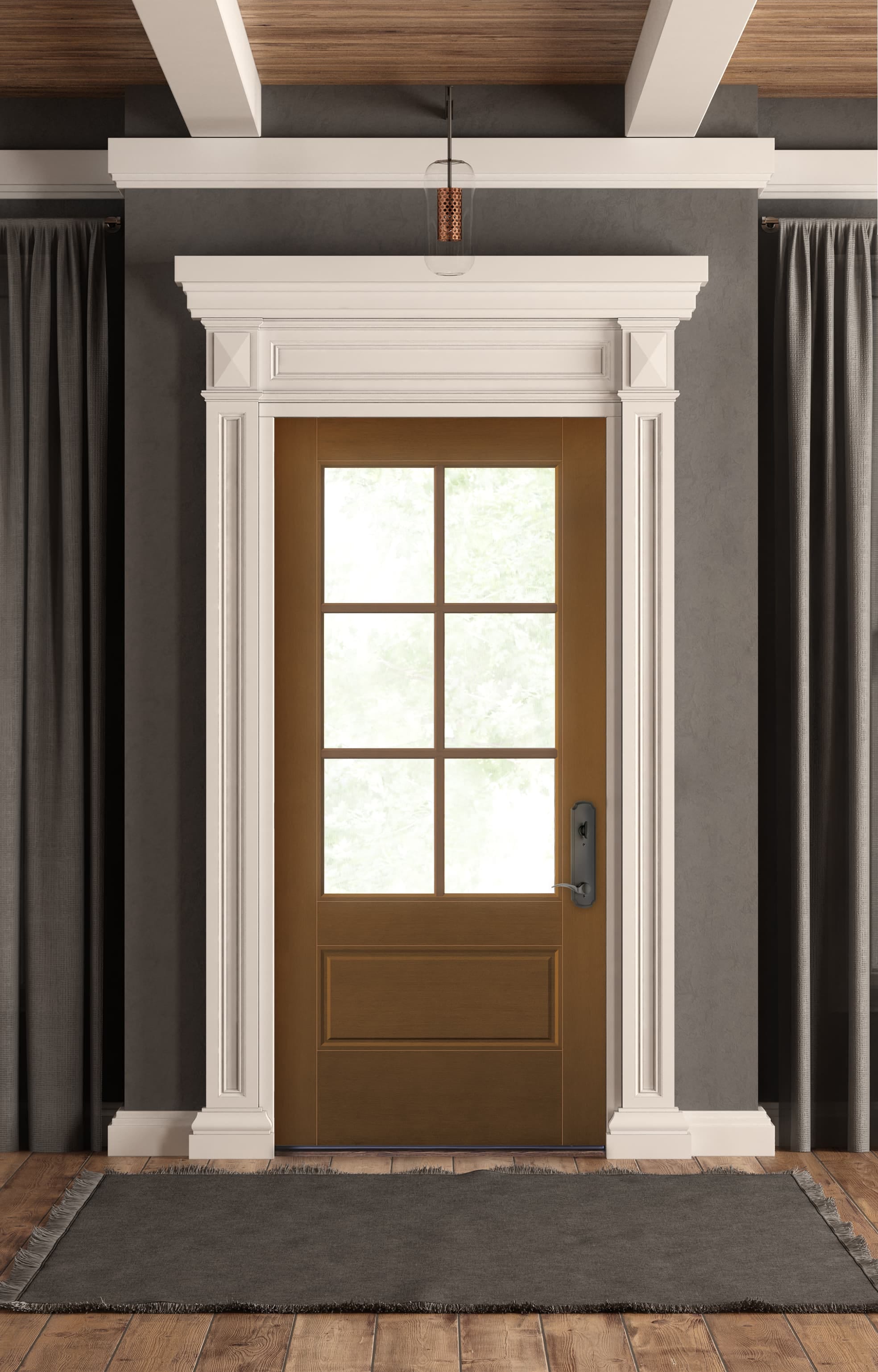 Brown Front Door Surrounded By Decorative Trim Brown front door with white decorative trim contrasts gray walls in entry