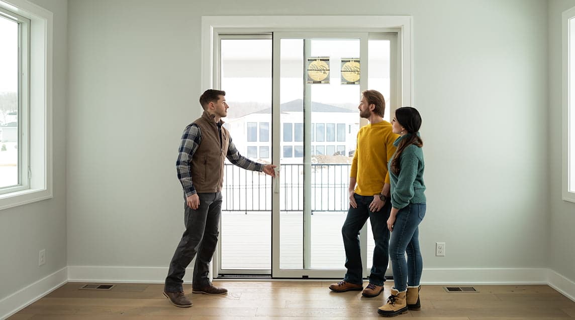 a new sliding glass door being demonstrated by a Pella contractor to a new couple