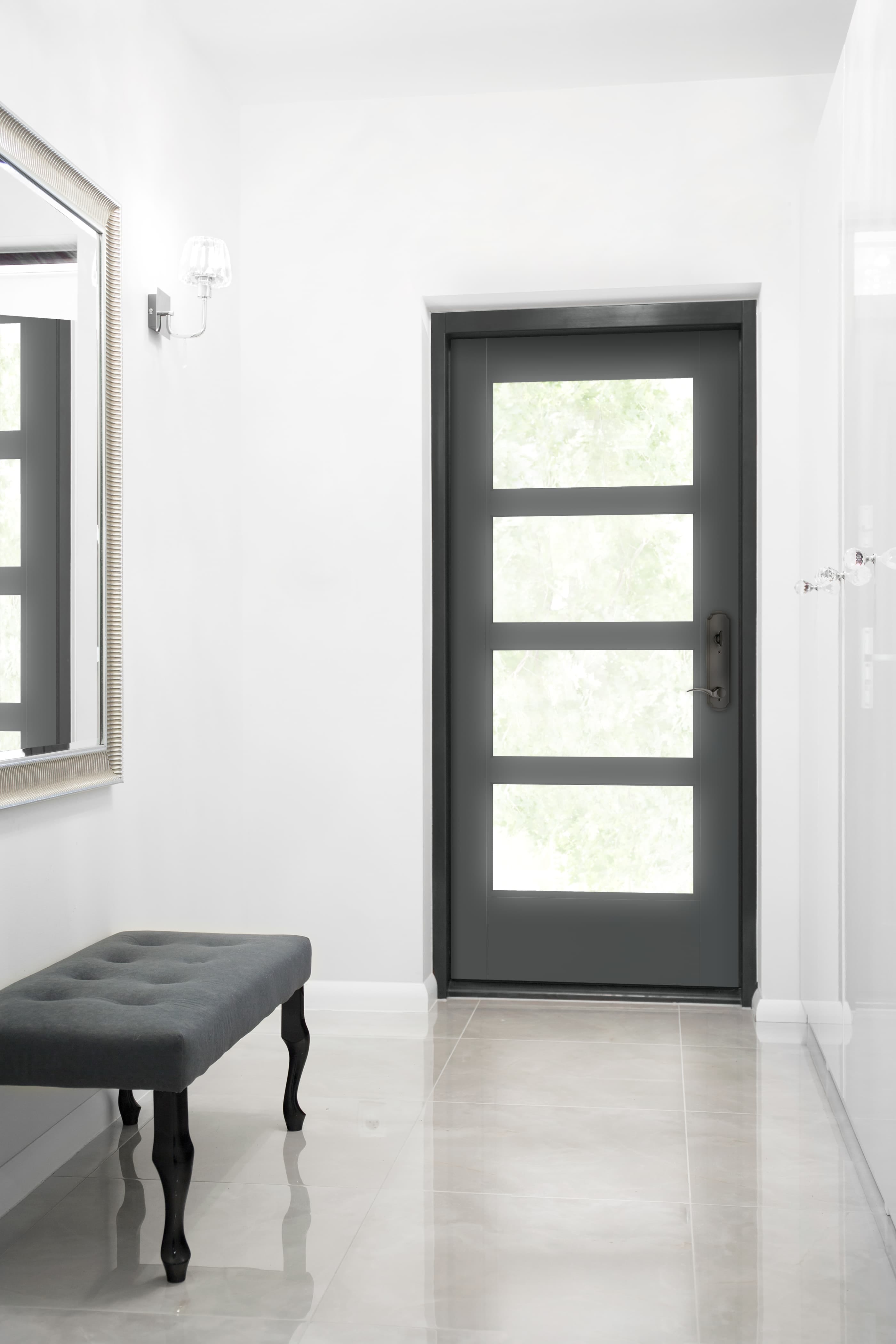 Modern Front Door Complements Home's Contemporary Design Black front door with glass panels contrasts modern white entryway