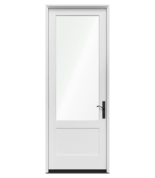 Modern white front door with full-length glass panel and black lever handle