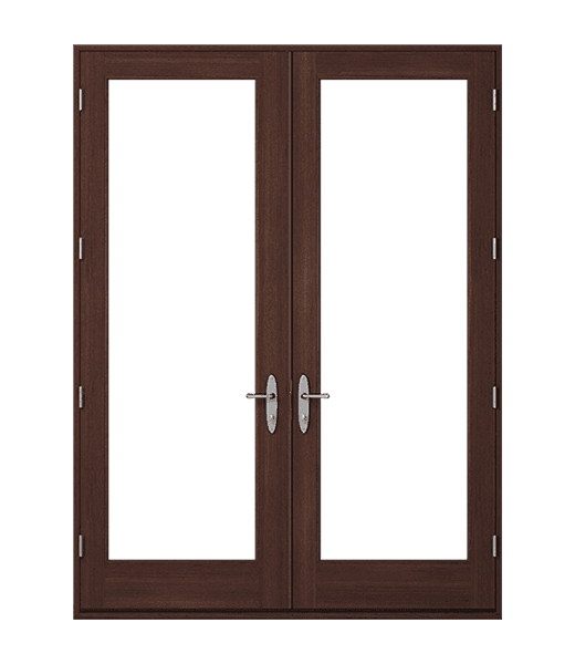 Dark wood double French doors with full-length clear glass panels and brushed nickel handles