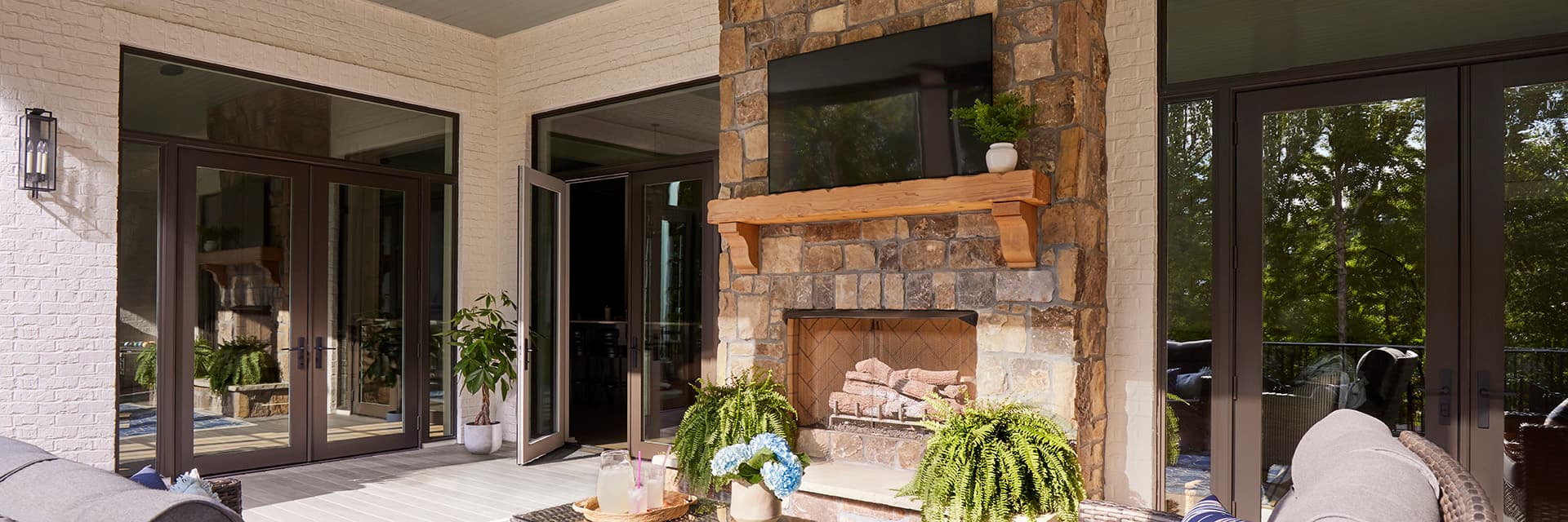 Back patio of western leaning home.
