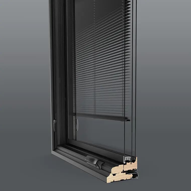 Cutaway cross-section of a modern wood-aluminum double-glazed window frame with integrated Venetian blinds between panes and exposed wooden core.