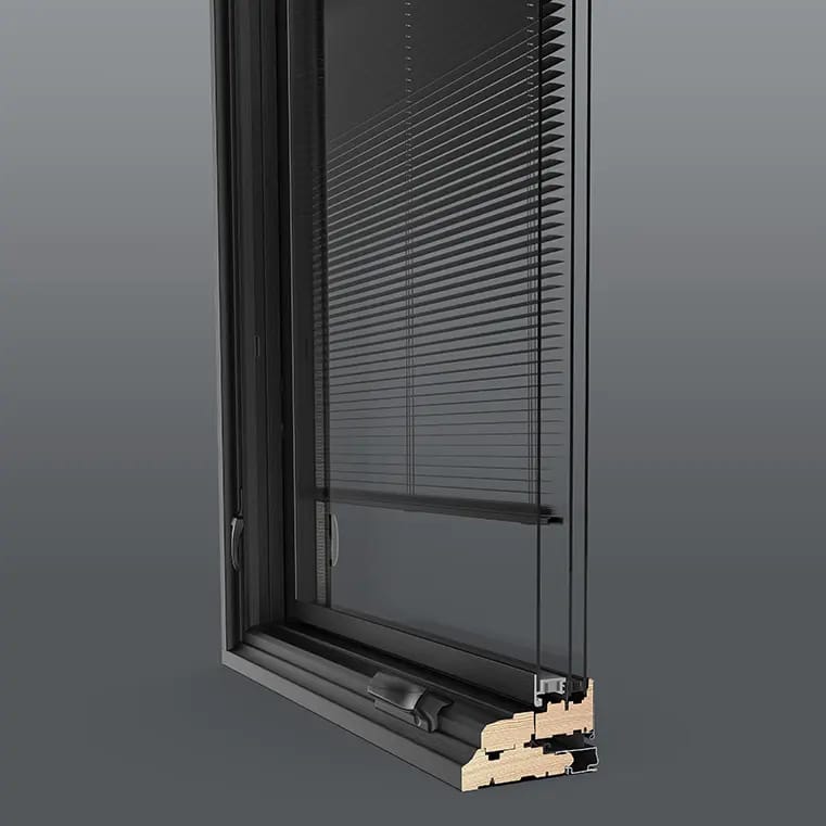 Cutaway cross-section of a modern wood-aluminum double-glazed window frame with integrated Venetian blinds between panes and exposed wooden core.