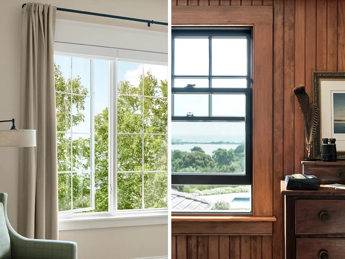 Split image comparing a modern white-framed casement window with beige curtains overlooking trees and a black-framed sash window in a wood-paneled room with dresser and water view.