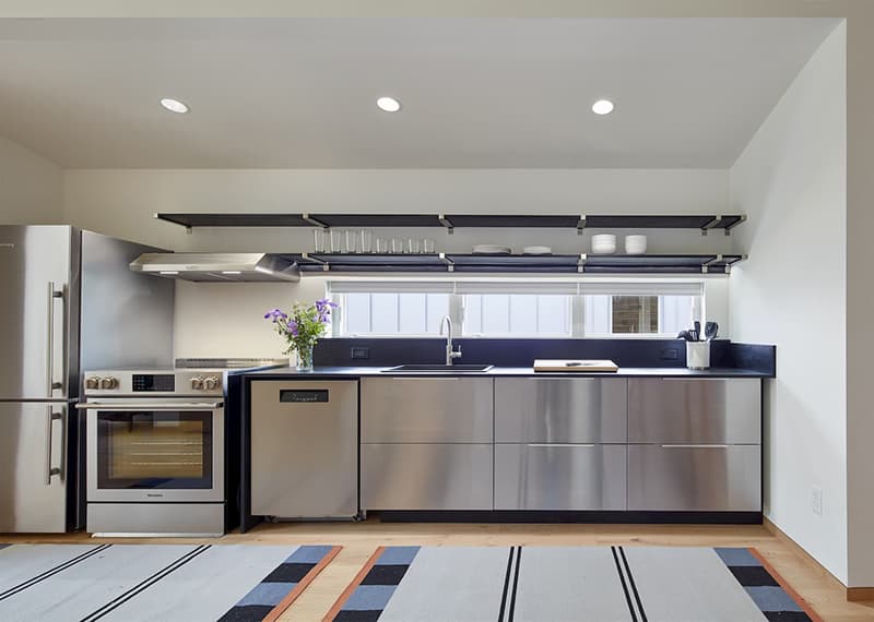 Form Meets Function With Kitchen Awning Windows Industrial style kitchen with stainless steel appliances and cabinets with a long rectangle window above the counter top