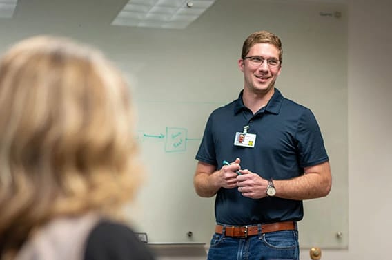 two people talking about career development